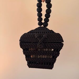 Cult Gaia Black Woven Bag with Beaded Handle